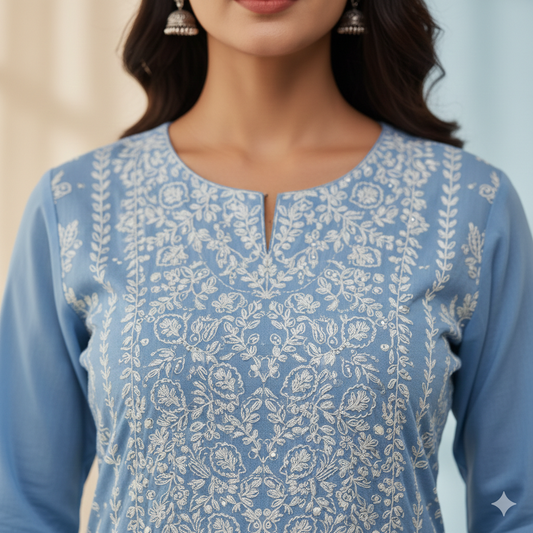 Powder Blue Elegant Chikankari Kurta Set