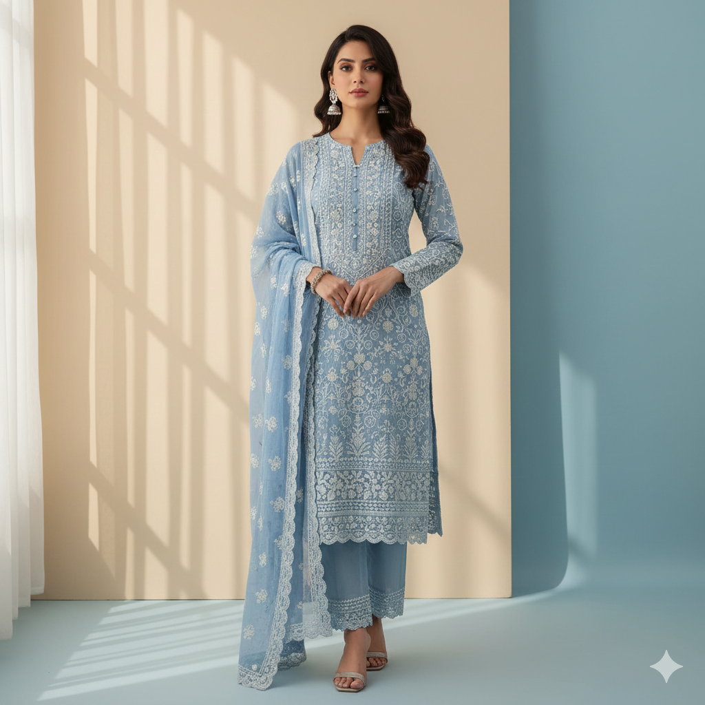 Sky Blue Contemporary Chikankari Set