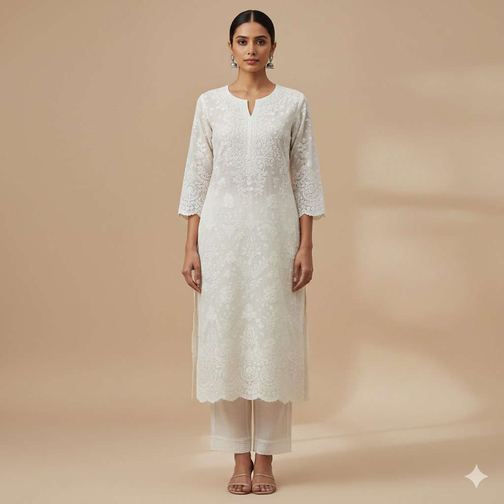 Ivory Handcrafted Chikankari Cotton Suit Set