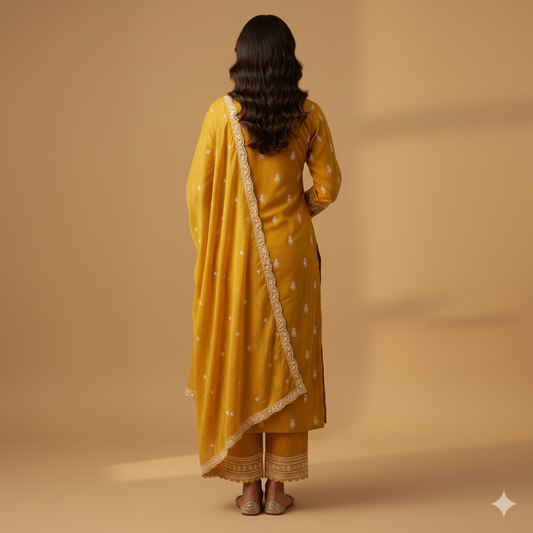 Mustard Yellow Festive Chikankari Kurta Set