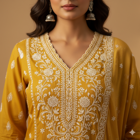 Mustard Yellow Festive Chikankari Kurta Set