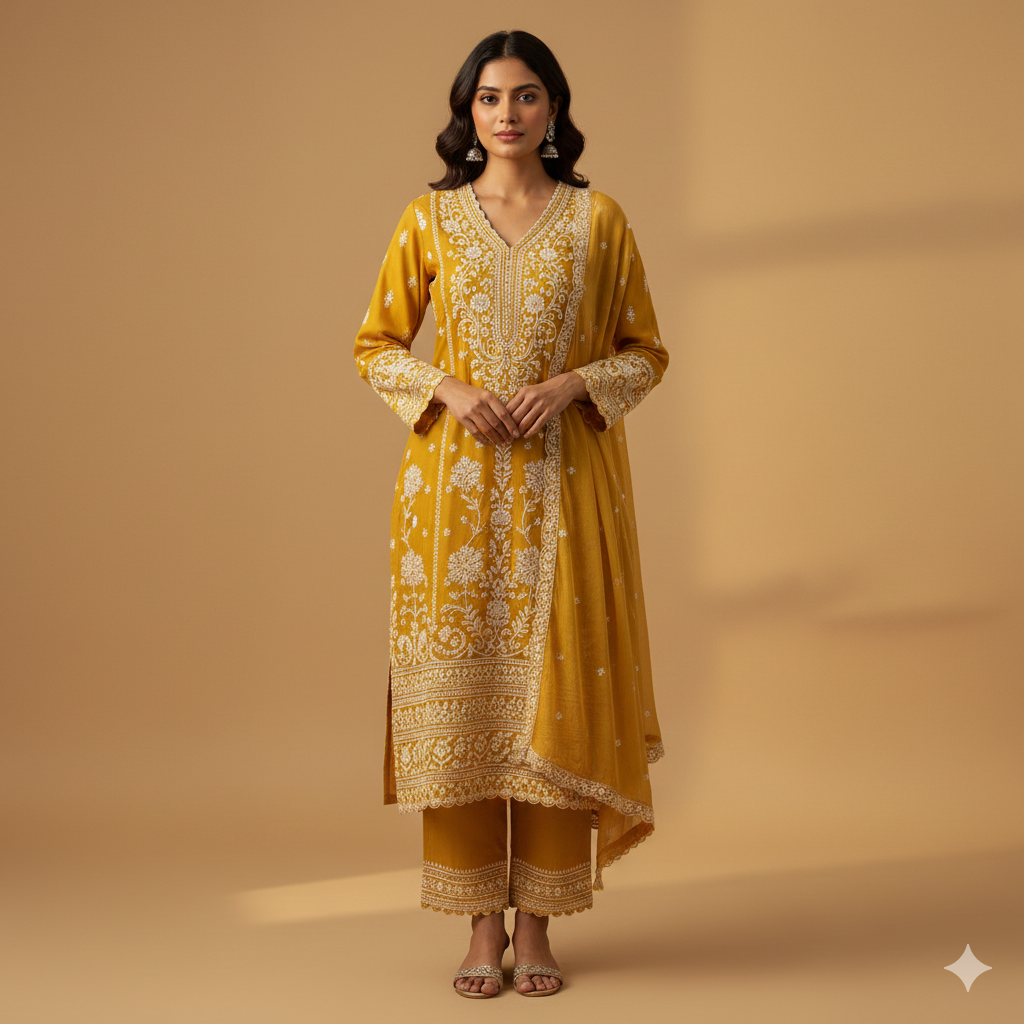 Mustard Yellow Festive Chikankari Kurta Set