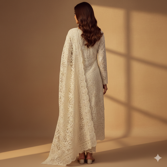 Off-White Luxury Chikankari Wedding Set