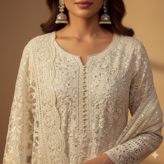 Off-White Luxury Chikankari Wedding Set