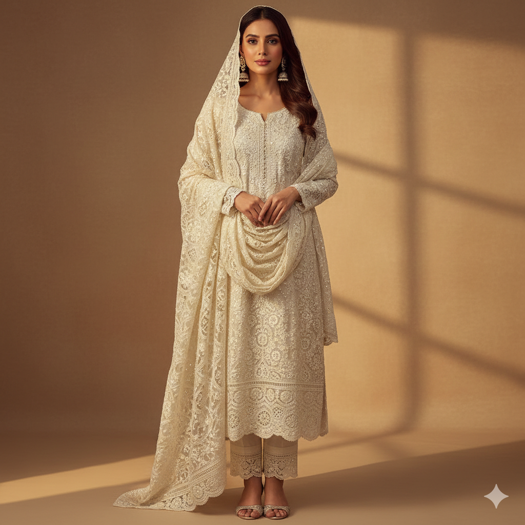 Off-White Luxury Chikankari Wedding Set