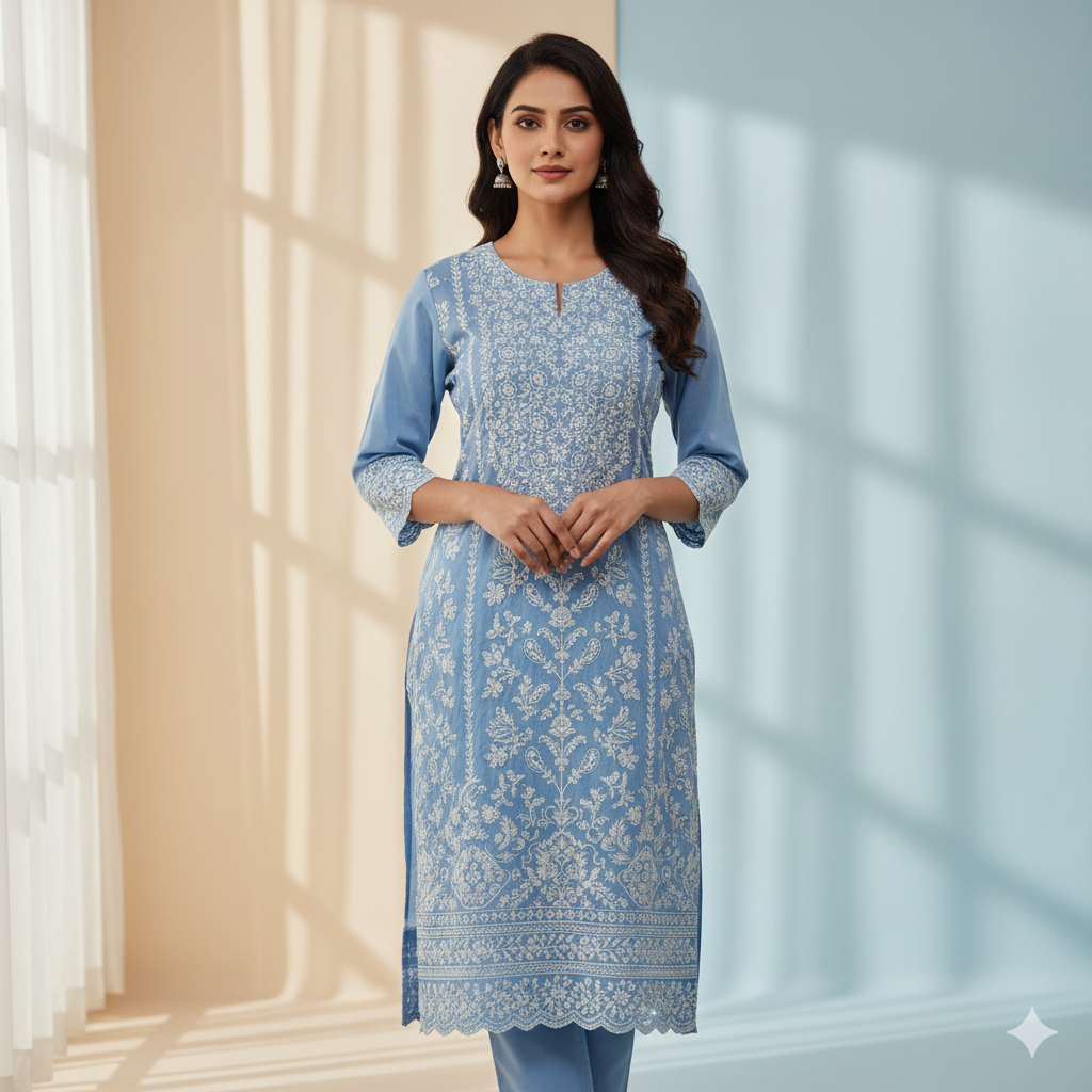 Powder Blue Elegant Chikankari Kurta Set