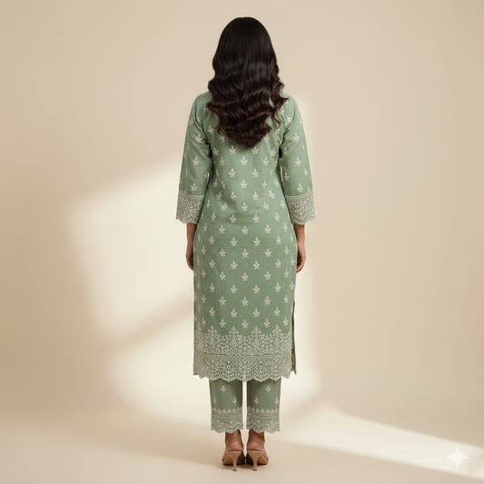 Sage Green Everyday Cotton Chikankari Set