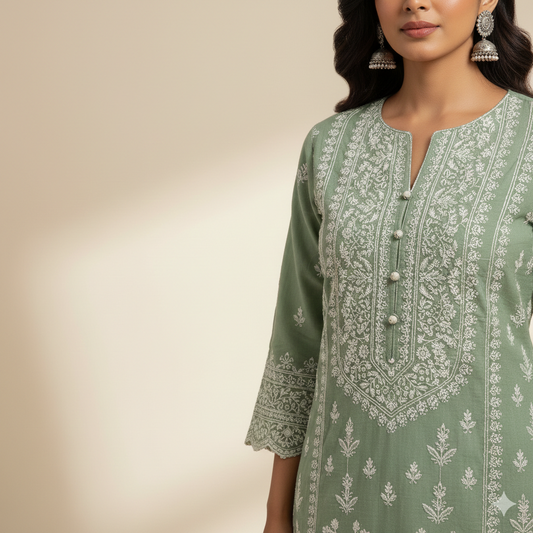 Sage Green Everyday Cotton Chikankari Set