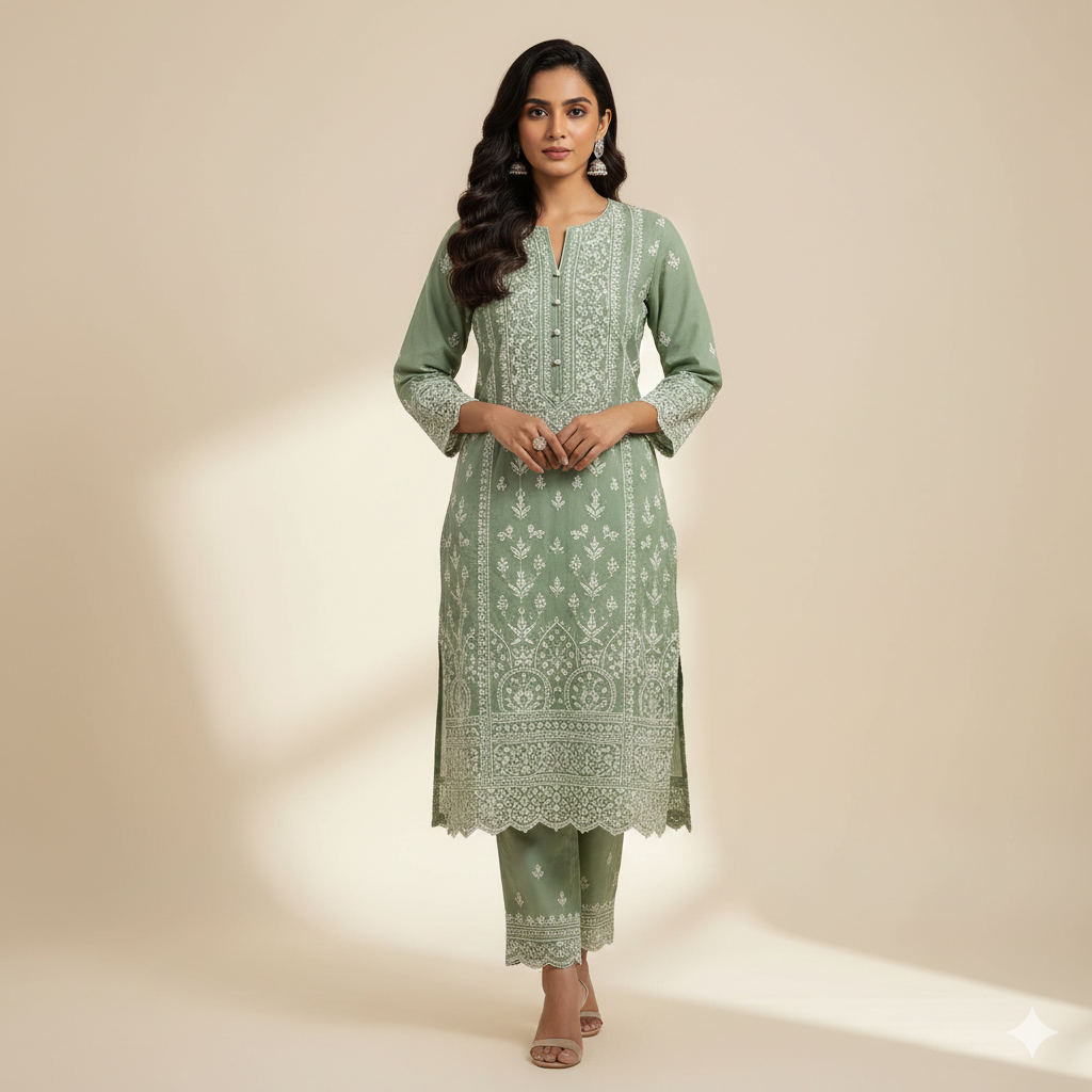 Sage Green Everyday Cotton Chikankari Set