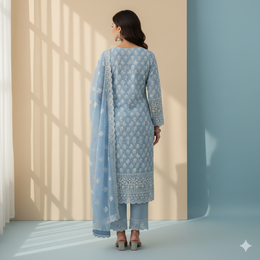 Sky Blue Contemporary Chikankari Set