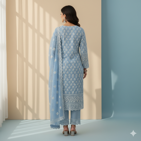 Sky Blue Contemporary Chikankari Set