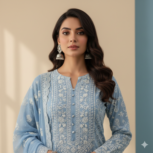 Sky Blue Contemporary Chikankari Set